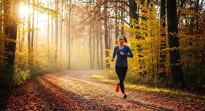 A woman jogs along a serene forest path covered in autumn leaves