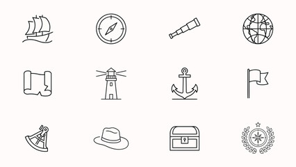 Fototapeta premium Minimalist line art icons representing classic travel with monochromatic grid fourteen distinct vintage style icons evoking exploration exploration navigation maritime