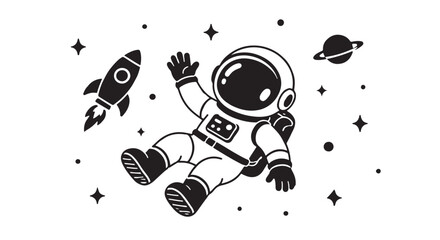 Minimalist astronaut floating in outer space vector, black and white spaceman character with rocket and stars, cosmic galaxy exploration illustration © MdSamir