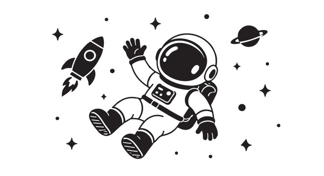Minimalist astronaut floating in outer space vector, black and white spaceman character with rocket and stars, cosmic galaxy exploration illustration