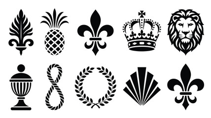 Luxury heraldic elements vector set with black silhouettes of fleur de Lis royal crown lion head pineapple and laurel wreath. © AMELIA