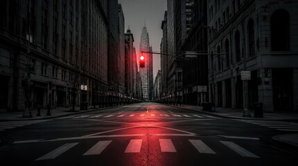 Obraz premium Deserted city street at dusk with a vibrant red traffic light