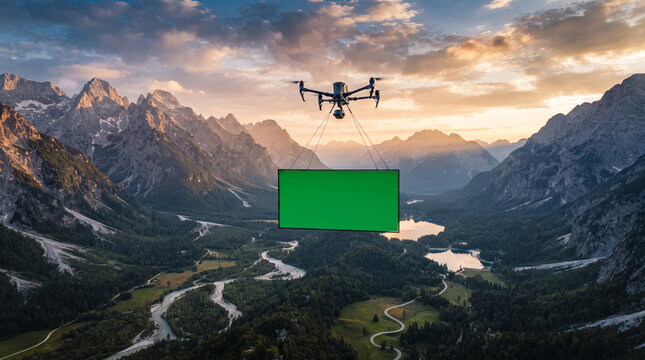 Autonomous delivery drone carrying green screen cargo box, logistics drone flying over mountain landscape, remote transport technology at sunset