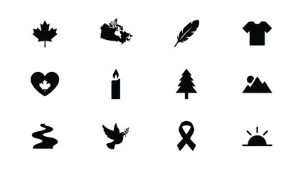 Obraz premium Minimalist black symbols collection with monochromatic grid twelve distinct icons including leaf displays clean monochromatic sunrise over horizon