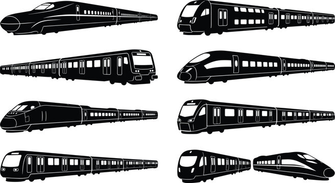 Modern High Speed and Urban Passenger Train Silhouette Collection Vector Set