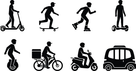 Personal Mobility Vehicle Silhouette Icons Set with Scooter Bicycle Skateboard and Microcar © MdRobiul