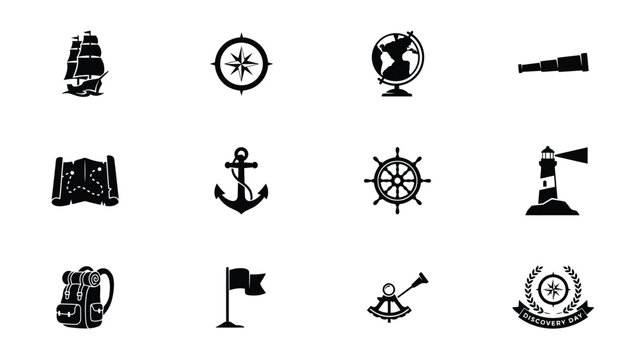 Black and white minimalist icons set with high contrast collection nine vintage style icons with maritime exploration navigation, showcases clean high