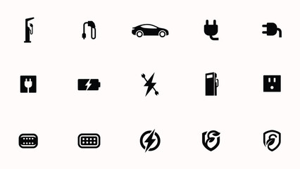 Naklejka premium Modern minimalist icons set with high contrast collection twelve black white icons representing electric vehicle charging automotive concepts sleek