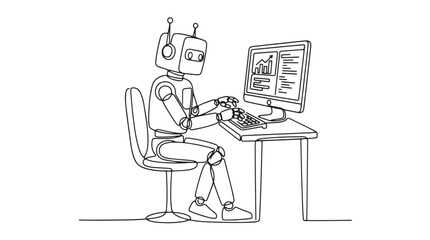 Fototapeta premium Artificial intelligence robot working on computer, continuous line drawing of android using desktop PC, futuristic automation concept vector isolated on White Background