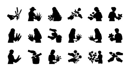Obraz premium Gardening Silhouettes: People Planting, Watering, and Holding Flowers, Vector Icons