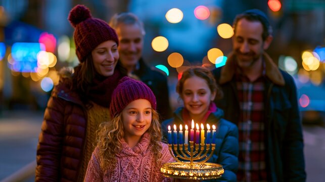 Family Lighting a Menorah for Hanukkah in the City at Night