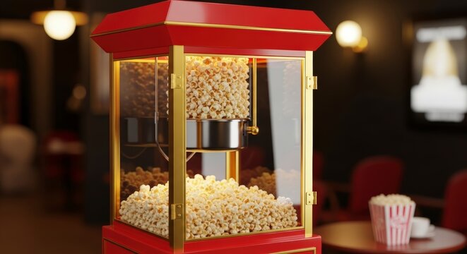 Red popcorn machine filled with popcorn.