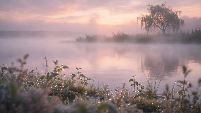 Misty dawn breaks over a calm lake, illuminating frost-kissed reeds and a solitary willow, creating a breathtaking and tranquil natural landscape scene