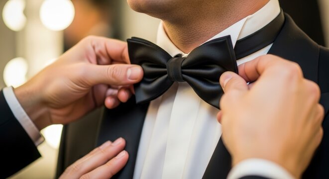 Man in tuxedo getting bowtie adjusted.
