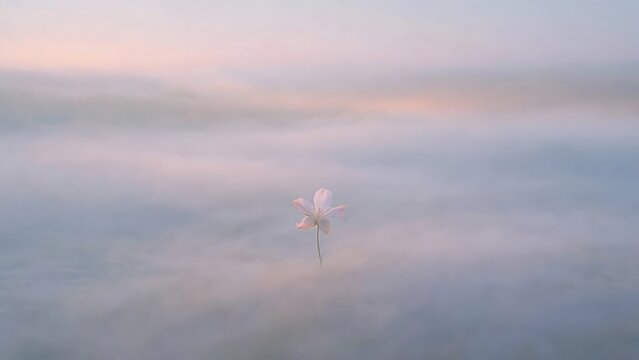 Embodying the concept of serene tranquility, a delicate lone flower emerges from a pastel-hued mist, bathed in the soft, ethereal light of a new dawn, symbolizing peace and gentle beauty