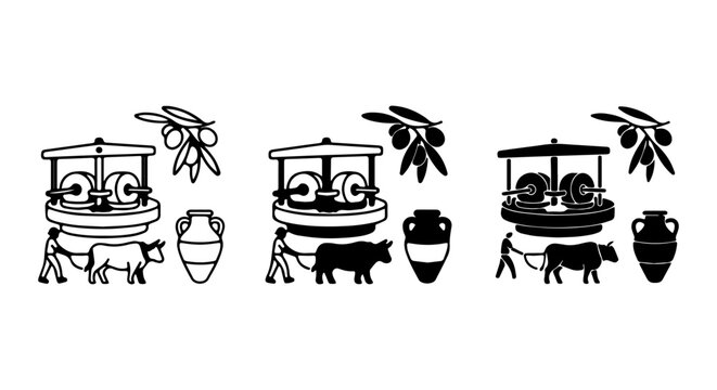 Ancient Olive Oil Press Vector Icons, Traditional Farming Tools, Mediterranean Agriculture, Black and White