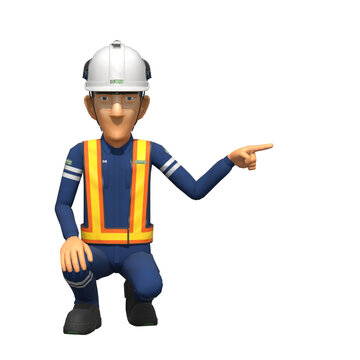 Set of construction worker in the position of  pointing something beside him self on transparent background.