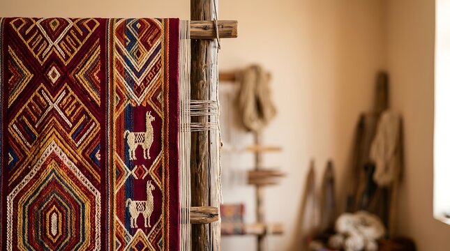 Traditional woven textile with geometric patterns and llama motifs