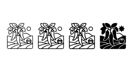 Fototapeta premium Chili Pepper Harvest Icons, Organic Farming Vector Set, Spicy Food Cultivation Graphics