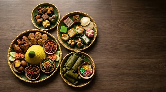 Traditional indonesian feast with nasi tumpeng and assorted snacks