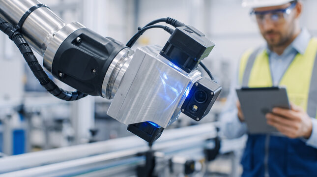 Close up of an advanced robotic machine used for automated manufacturing processes.