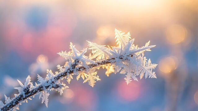 Close-up of intricate ice crystals forming delicate snowflake patterns on a thin branch, bathed in the soft glow of morning sunlight