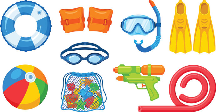 Summer beach vacation accessories set including inflatable ring goggles snorkel flippers water gun and sand toys vector illustration