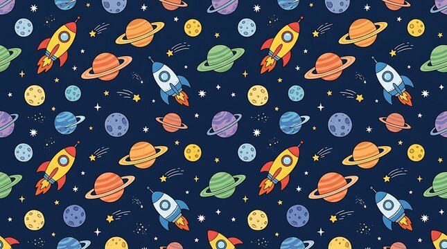 Seamless pattern with colorful rockets and planets in outer space
