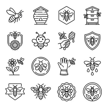 Bee icons and honeycomb illustrations set.