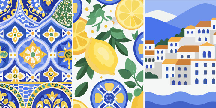 Amalfi lemon and coastal town vector illustration with mediterranean tile pattern