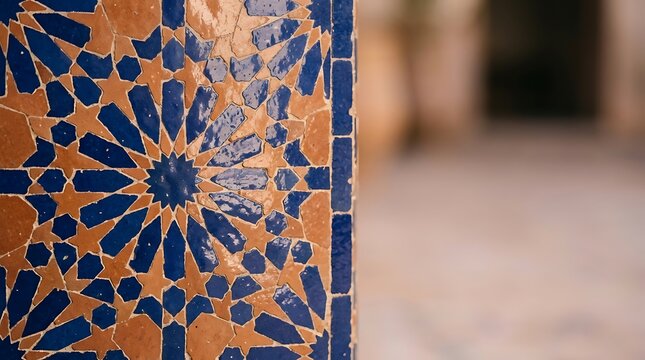 Traditional blue and tan moroccan geometric mosaic tile pattern