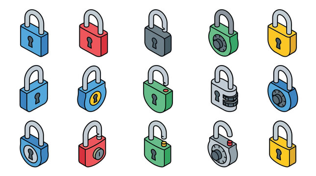 Isometric Lock Icons Set, Security Symbols Collection, 3D Padlock Illustrations