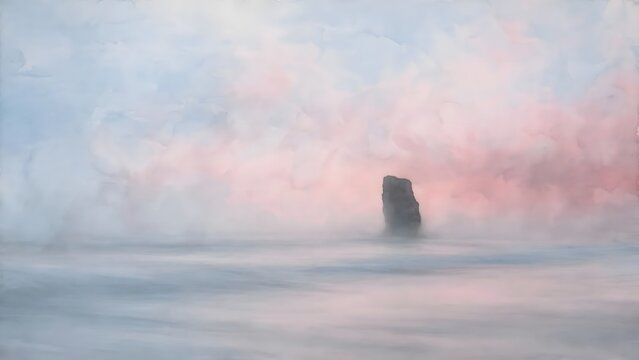 Ethereal mist envelops a solitary rock formation, creating a dreamlike atmosphere with soft pink and blue hues