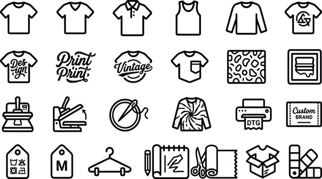Custom Apparel and T-Shirt Printing Line Icon Set with Screen Printing, Heat Press, DTG Printer, Tailoring Scissors, Fabric Texture, and Clothing Branding Symbols