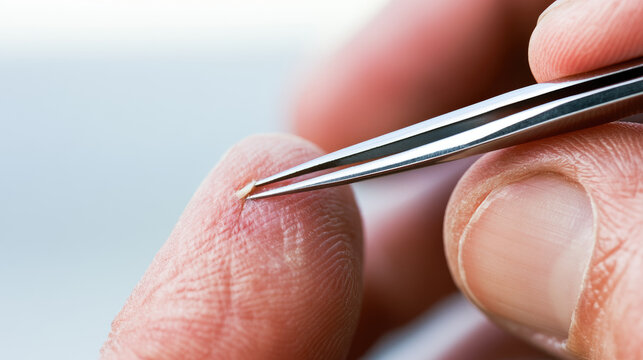 Splinter removal tweezers close up macro skin finger first aid wound care