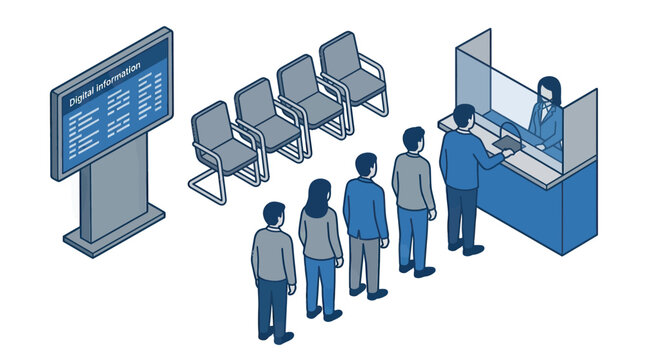 Service Counter with Customers Queueing and Digital Information Display