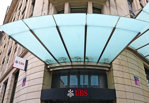 Geneva, Switzerland, Europe - 05.2026 : Entrance to UBS Bank - 3 keys logo in front, World's largest private bank, largest amount of private wealth in the world, Bulge bracket