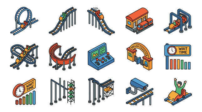 Amusement Park Icons: Roller Coasters, Rides, and Attractions - Isometric 3D Set