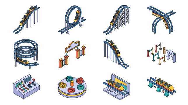 Isometric Roller Coaster Icons Set: Amusement Park Ride Elements Collection