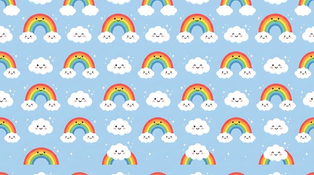 Seamless pattern with cute smiling rainbows and clouds on light blue