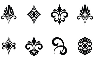 Art deco ornaments vector set with luxury vintage geometric shapes, damask elements, and fleur de Lis symbols for classic design. © AMELIA