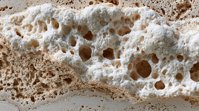 Close-up of a piece of bread with a rough texture. the bread appears to be freshly baked and has a light brown color.