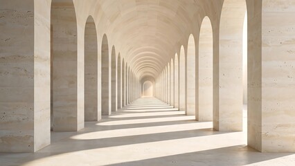 Obraz premium Long architectural archway corridor with repeating arches and sunlight