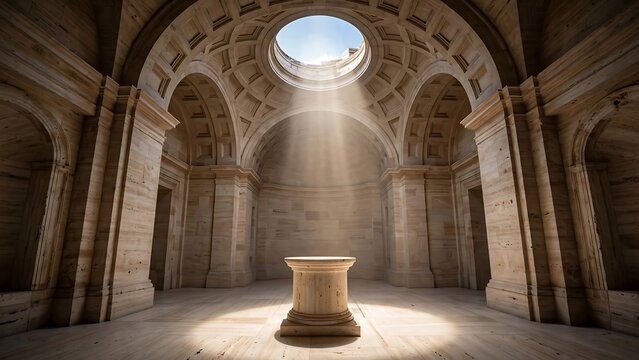 Sunlight ray illuminating a stone pedestal in ancient rotunda
