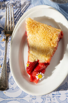 Slice of strawberry rhubarb pie in bright sunshine