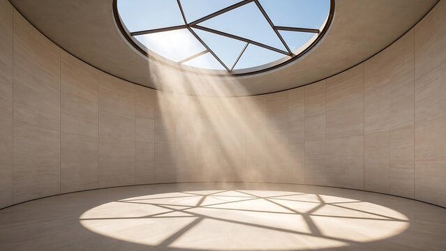 Minimalist architectural interior with circular skylight and sunrays