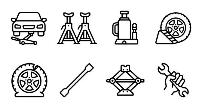Car Repair Icons: Jack, Stands, Tire Change, Wrench, Flat Tire, Lug Wrench, Auto Service Set
