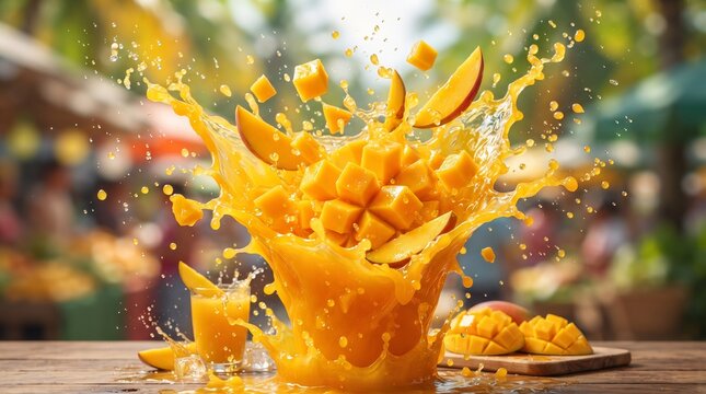 Fresh mango pieces splashing in juice. Tropical fruit explosion with liquid motion.
