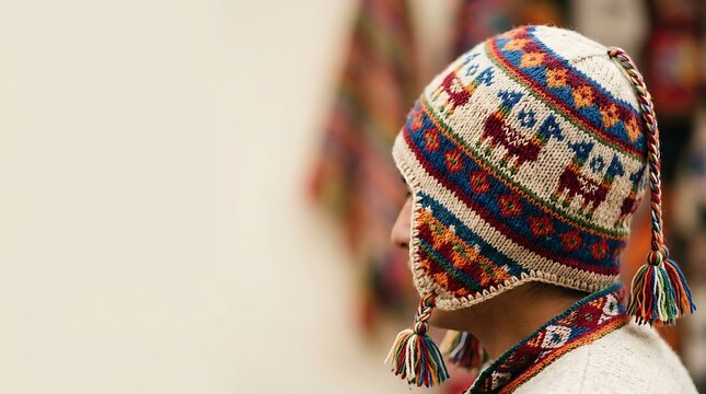 Man wearing a traditional colorful peruvian knitted wool chullo hat