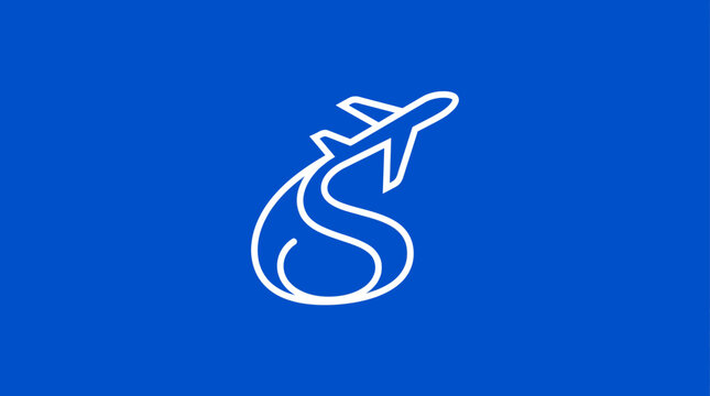 White airplane and letter S monogram on blue background